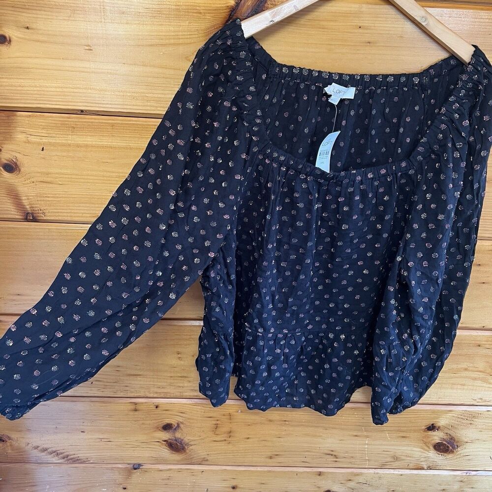 Loft Black Shimmer Polka Dot Square Neck Blouse Women’s Size XXL